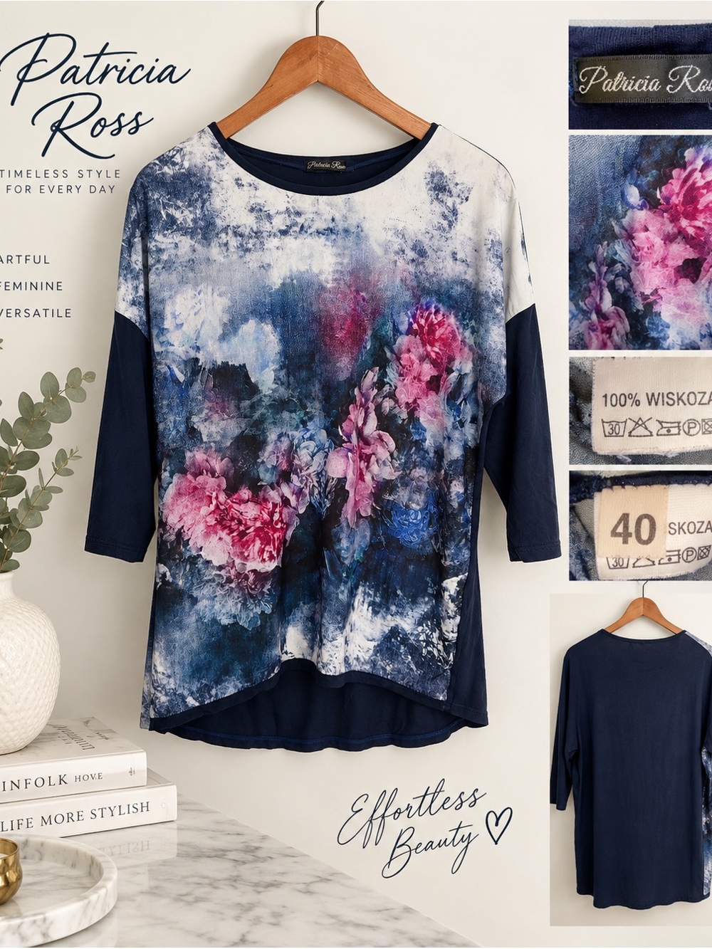 Patricia Ross Floral Art Print Viscose Tunic Top Navy Size 40